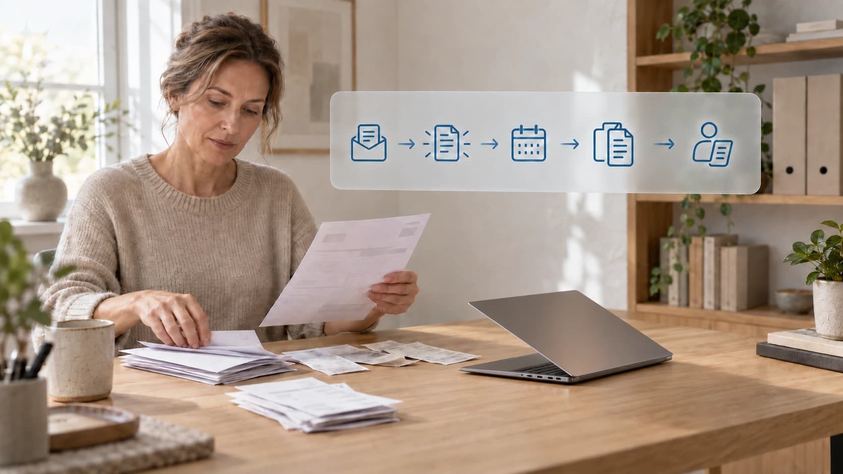 Illustrative Financial Assistant concept showing a person reviewing financial documents beside a half-closed laptop, with an abstract workflow ending in human review
